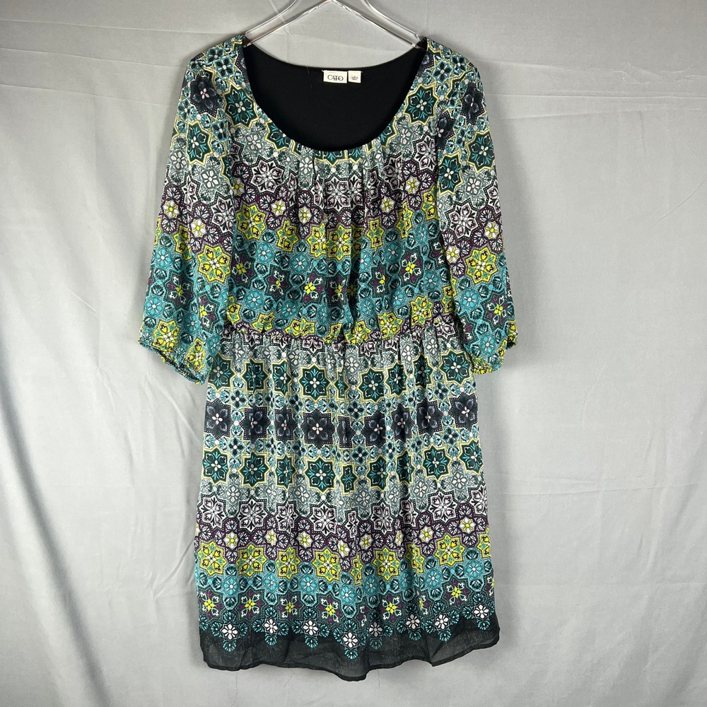Cato Midi Dress Womens Large Multi Floral Medallion Print Quarter Sleeve Boho